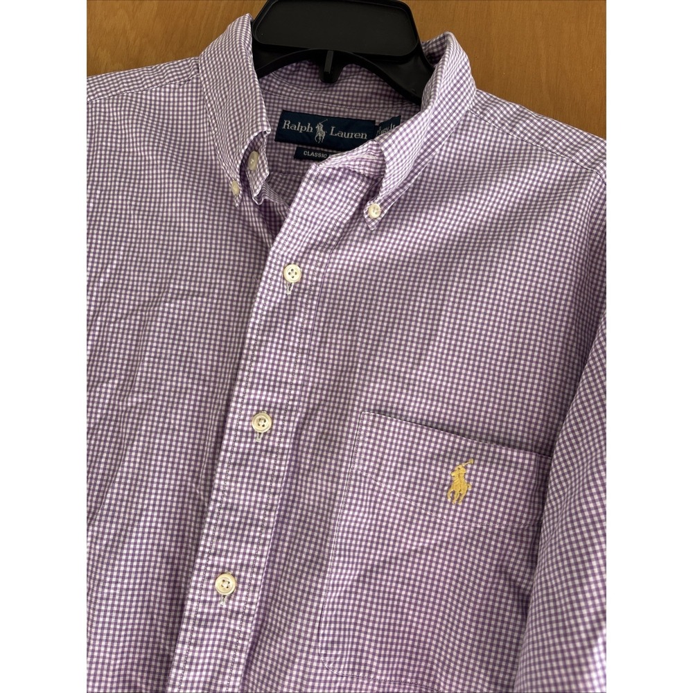 Ralph‎ Lauren Mens 16 1/2 L Purple Gingham Check Classic Fit Long Sleeve Shirt